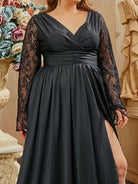 Plus Size Wrap Ruched Lace Sleeve Black Evening Dress PRA60096