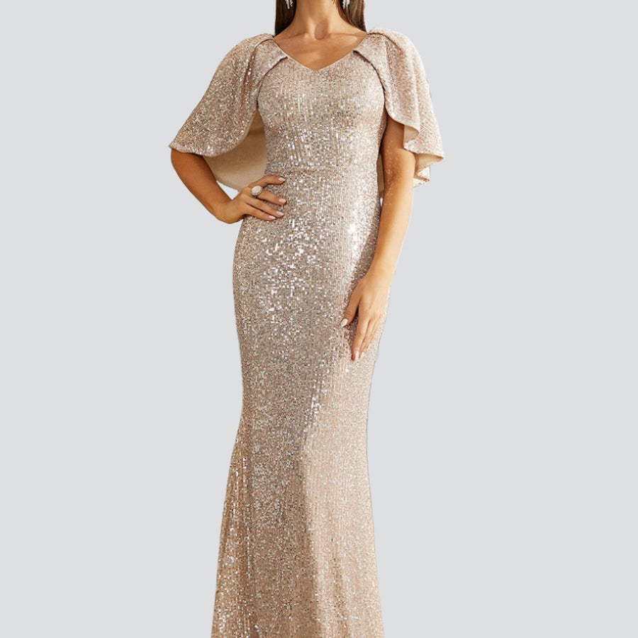 Puncho Back Puff Sleeve Sequin Evening Dress