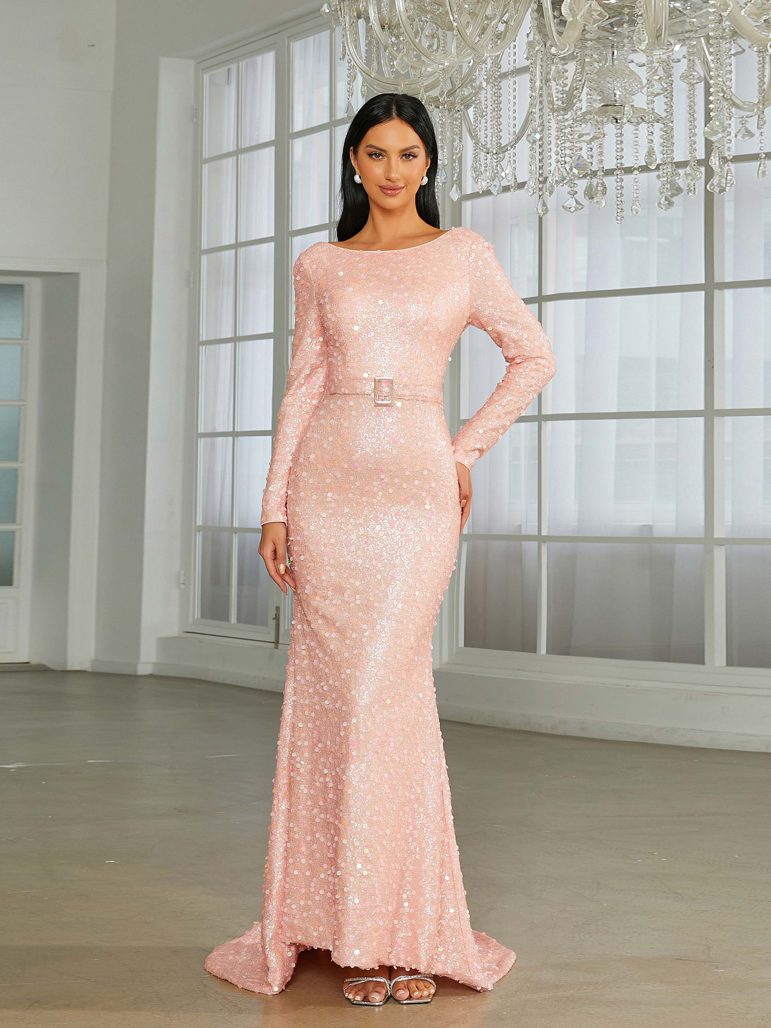 Elegant Mermaid Open Back Sequin Pink Evening Dress