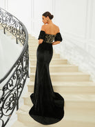 Off Shoulder Asymmetric Maxi Black Evening Dress WY104