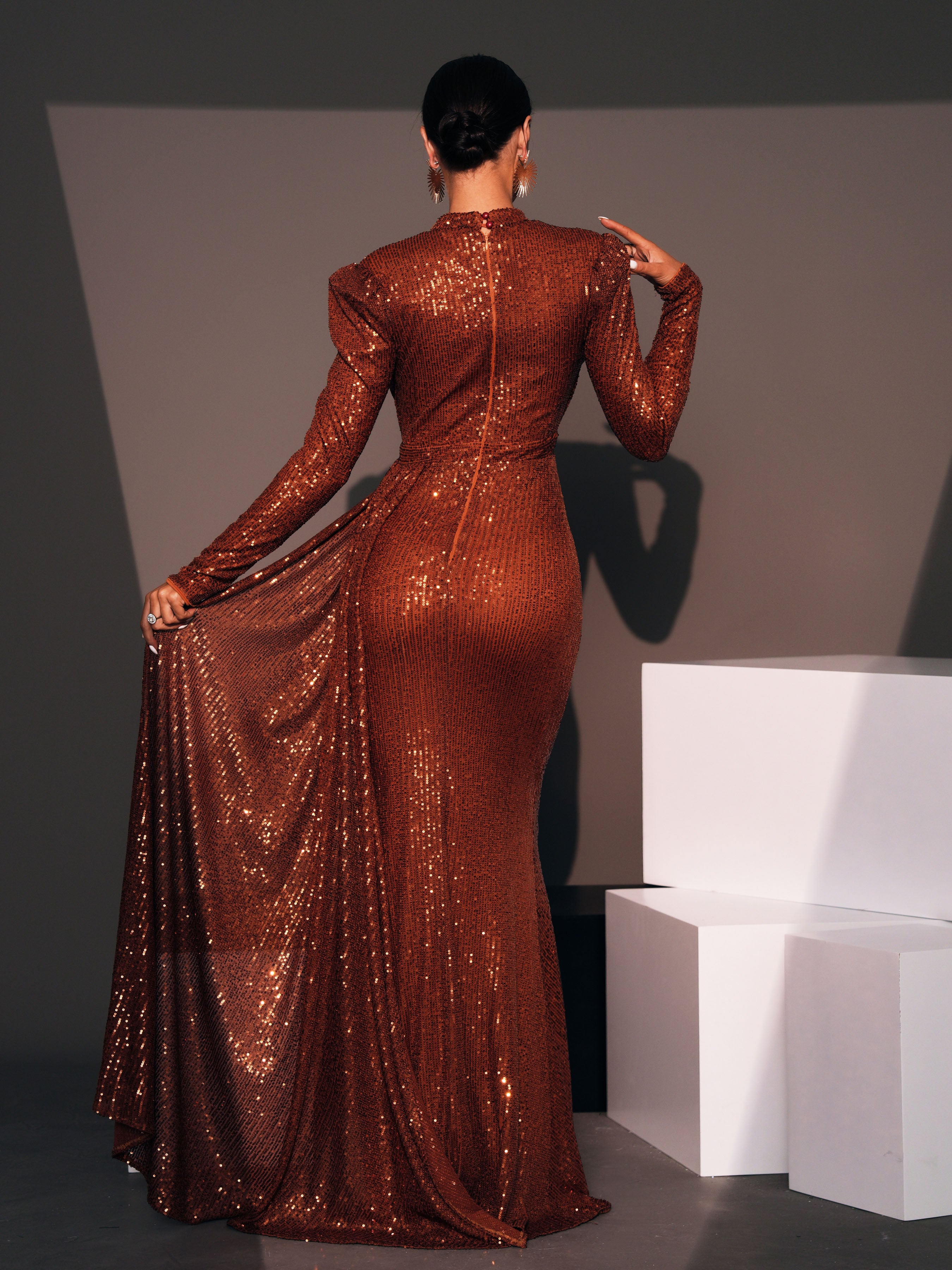 MISSORD Full Cover Long Sleeve Brown Sequin Formal Dress