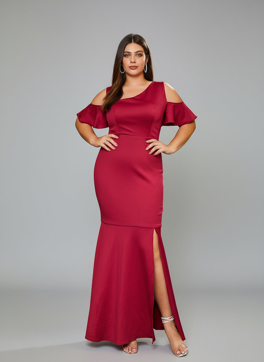 Plus Size Cutout Split Backless Ruffle Short Sleeve Prom Dress PRH30509