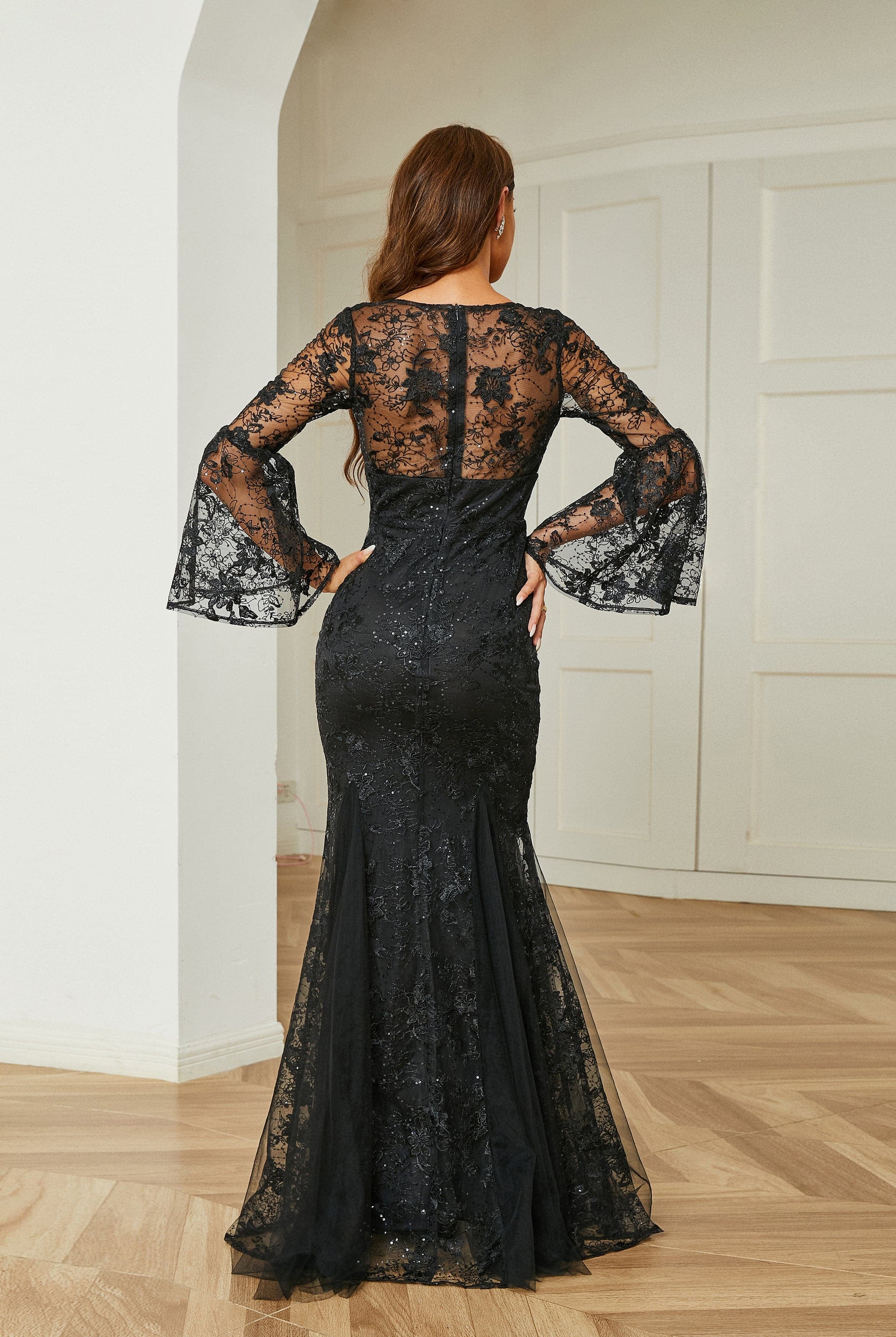 Lace Embroidered Black Formal Evening Dress RH30552