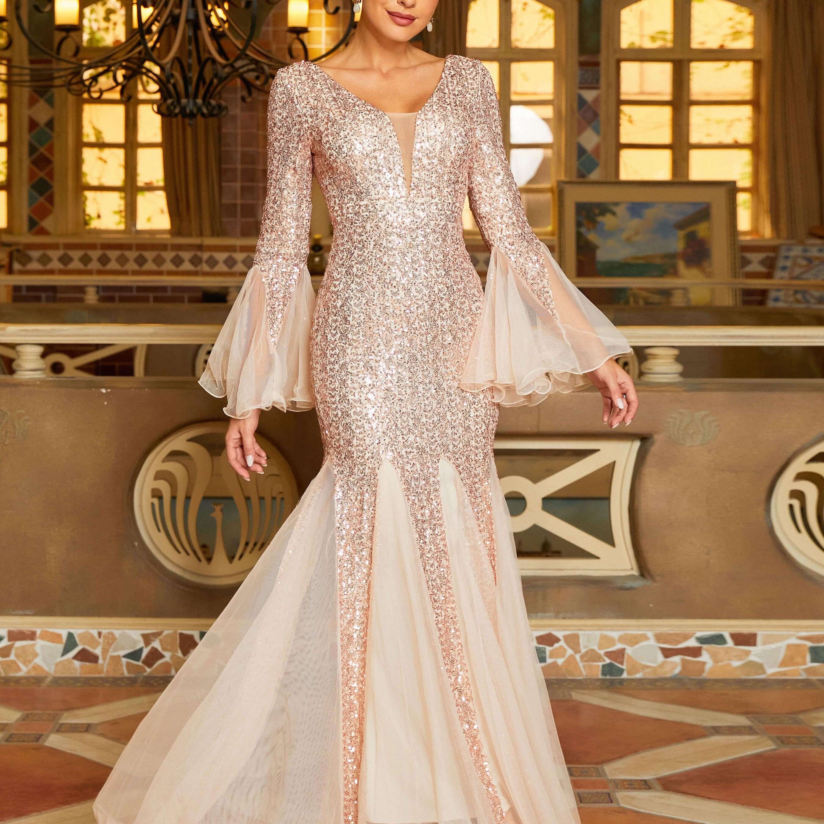 V-neck Panel Ruffle Backless Sequin Prom Dress M02339