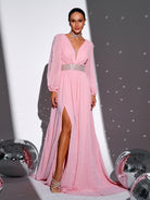 Tulle Cutout Sleeve Belt Split Pink Bridesmaid Dress RJ11411