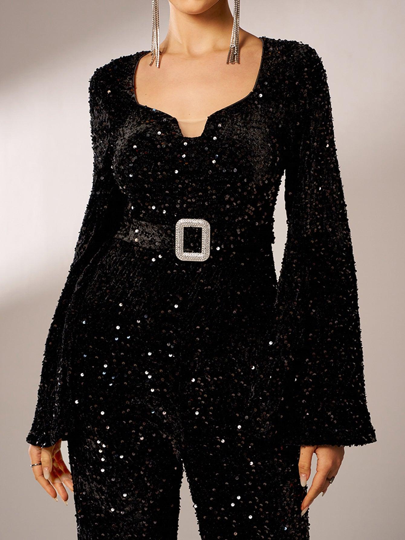 Long Sleeve V Neck Sequin Jumpsuit GM00622 - MISS ORD