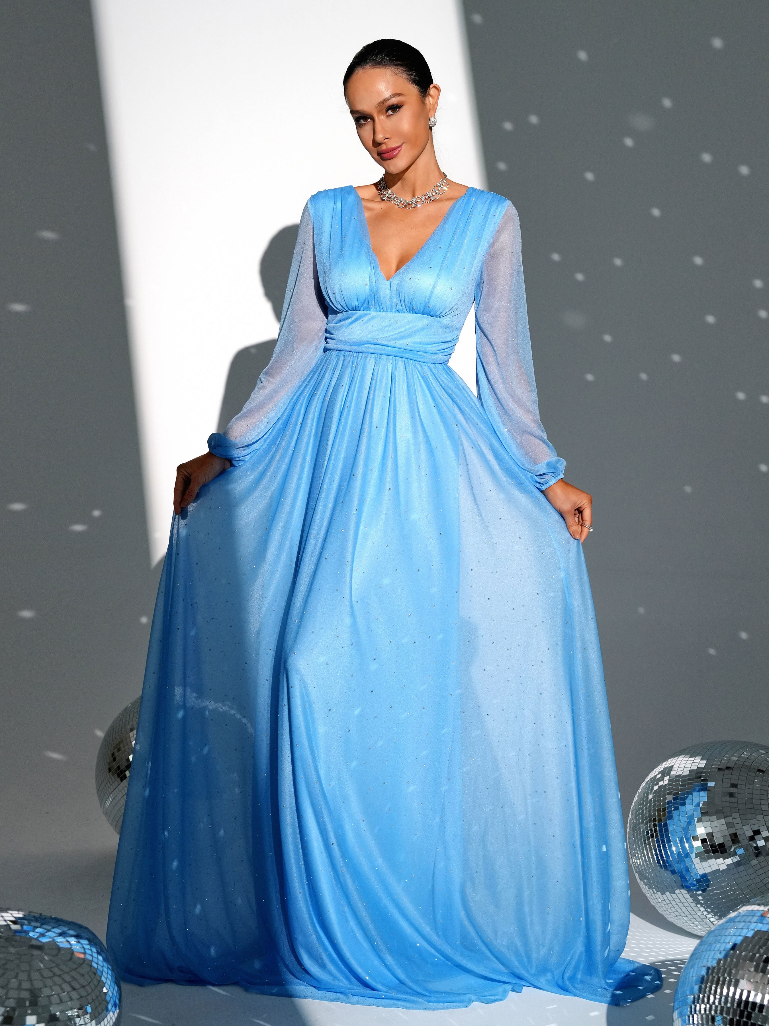 Tulle Bubble Sleeve Blue Beaded Bridesmaid Dress RH30882