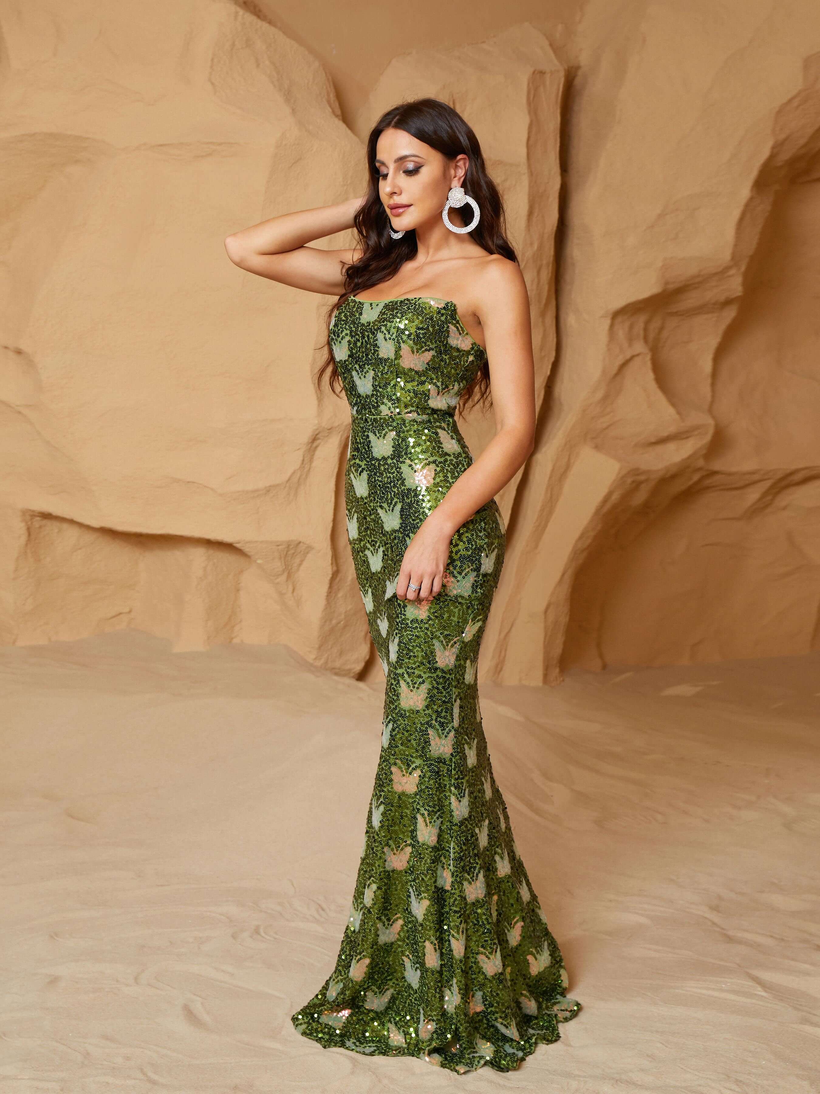 MISSORD Tube Top Backless Green Sequin Prom Dress