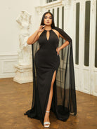 MISSORD Plus Size Cutout Halter Ribbon Splite Black Prom Dress