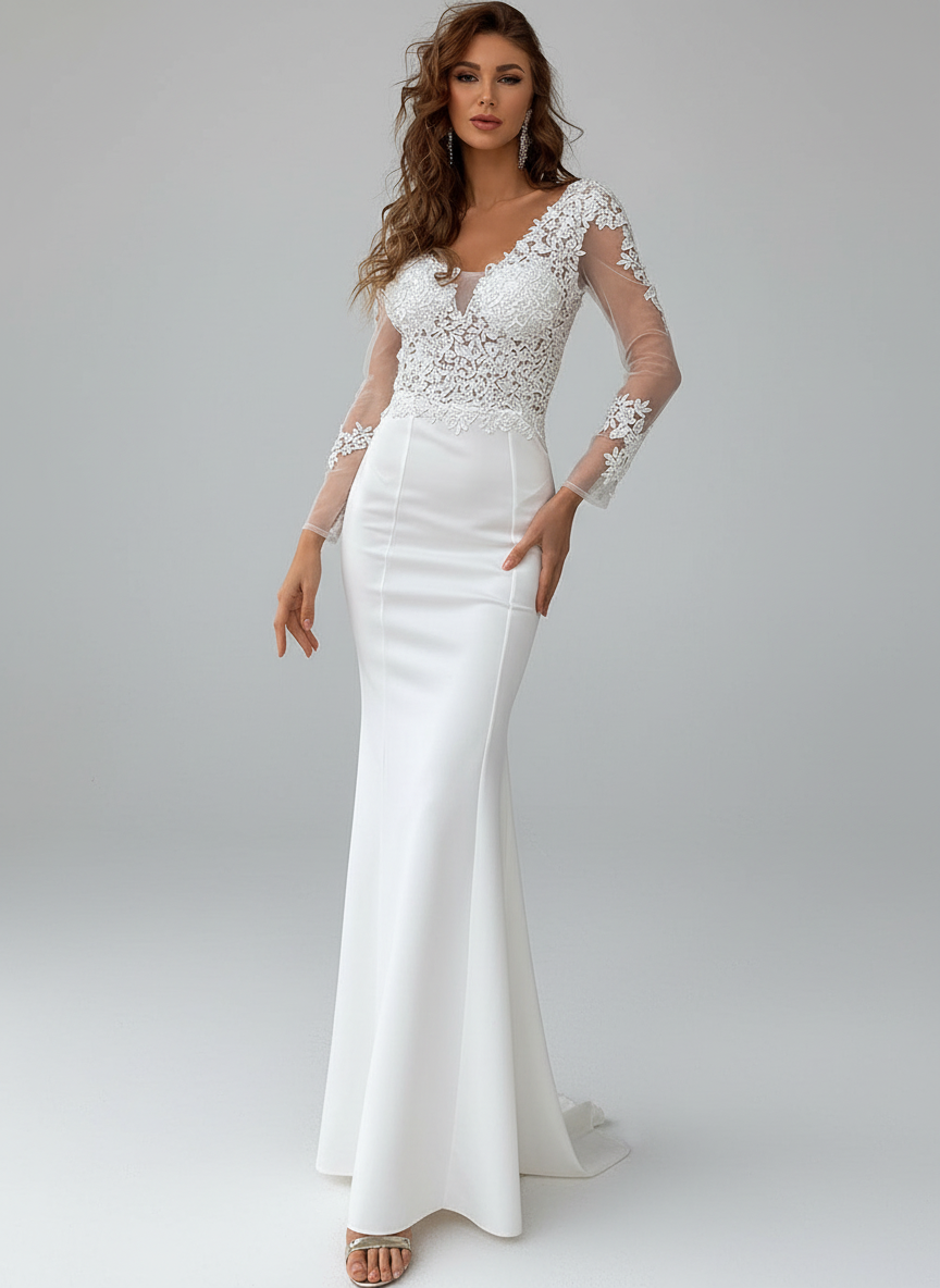 Long Sleeve Lace Elegant Bridal Dress M01592 - White / XL Long Sleeve Lace Elegant Bridal Dress M01592 - White / XL