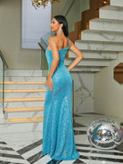 Open Back Ruched Maxi Blue Split Prom Dress RA60035