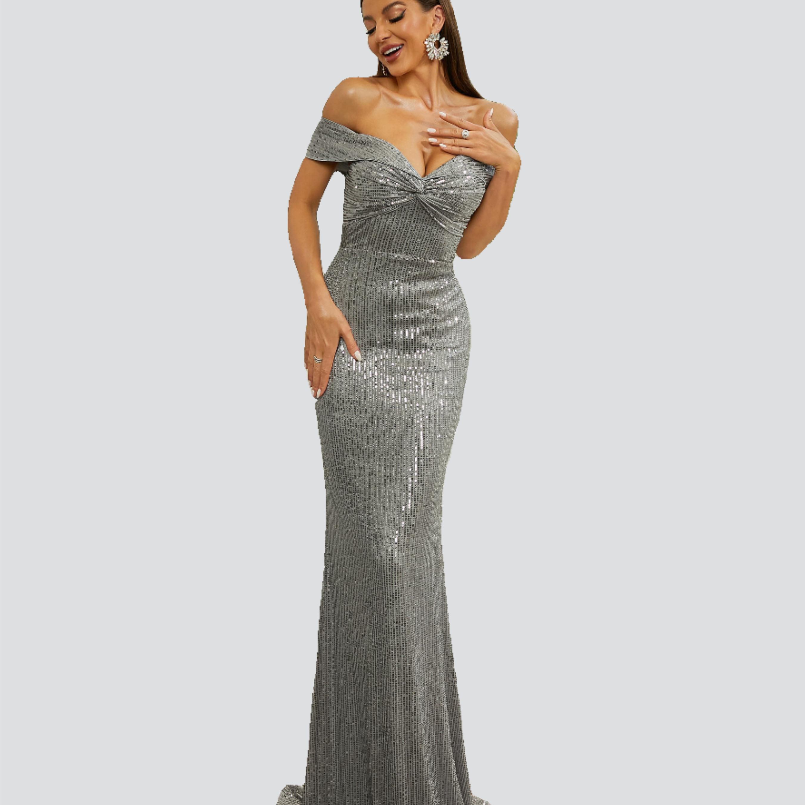 Off Shoulder Backless Sequin A-line Grey Prom Dress RM20657
