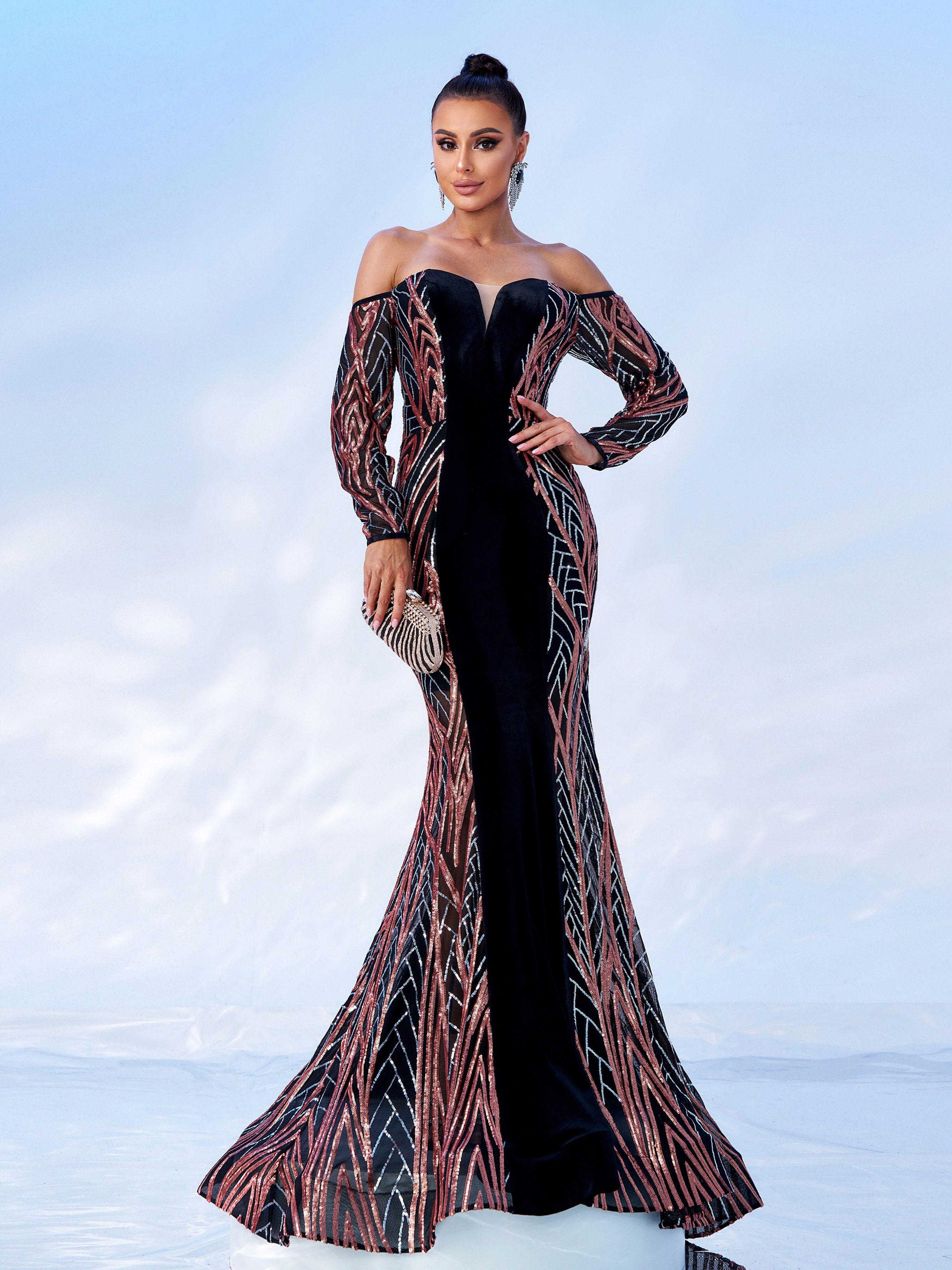 Off Shoulder Sequin Mermaid Evening Dress DH80171 - MISS ORD