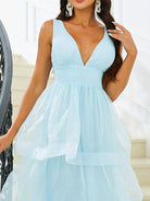 Plunge V-Neck Tiered Blue Organza Ball Gown M02331