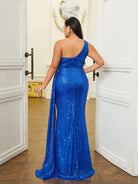 MISSORD Plus Size Cutout One Shoulder Sequin Blue Prom Dress