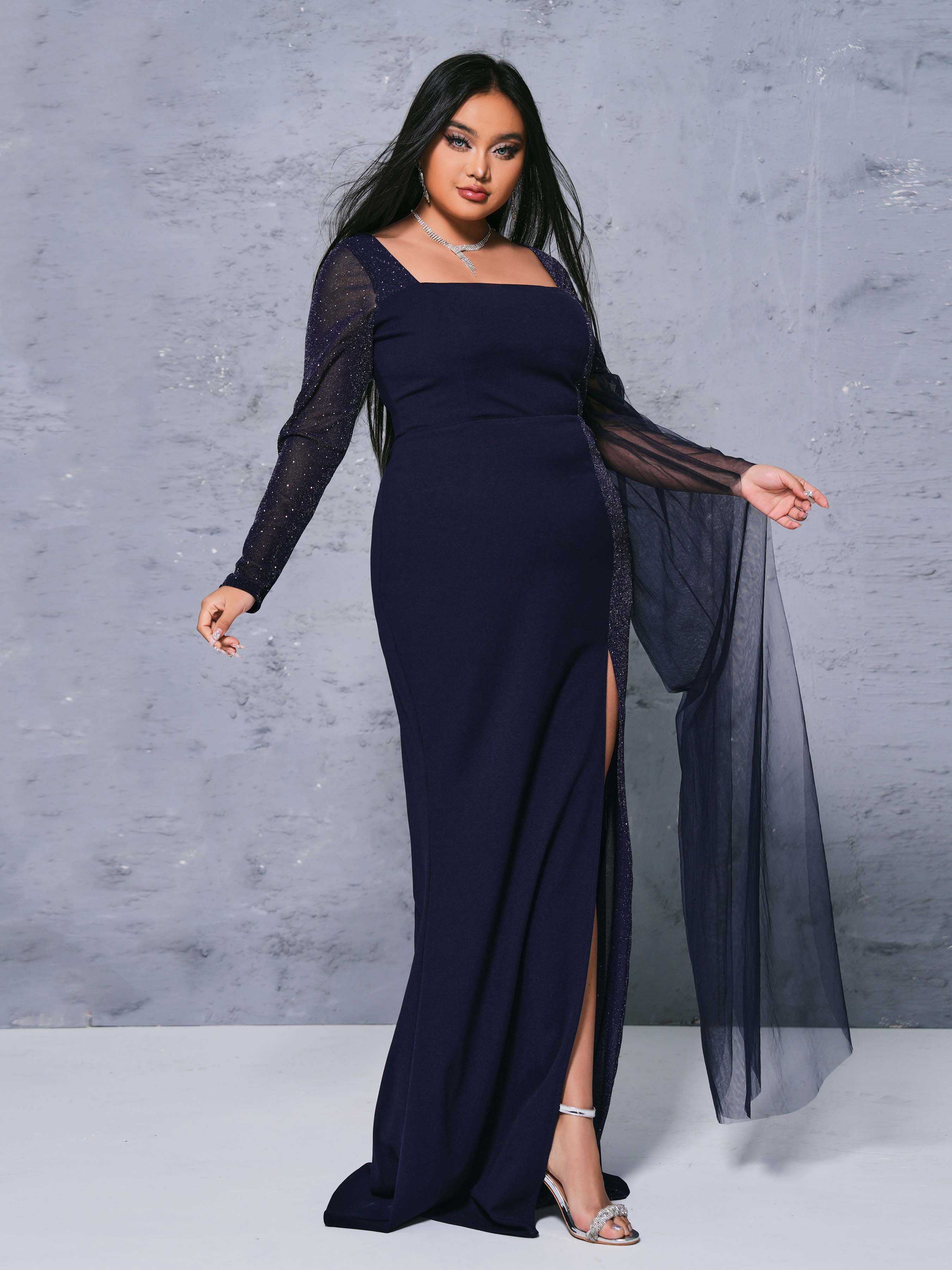 Plus Square Neck Panel High Split Dress PRX70180