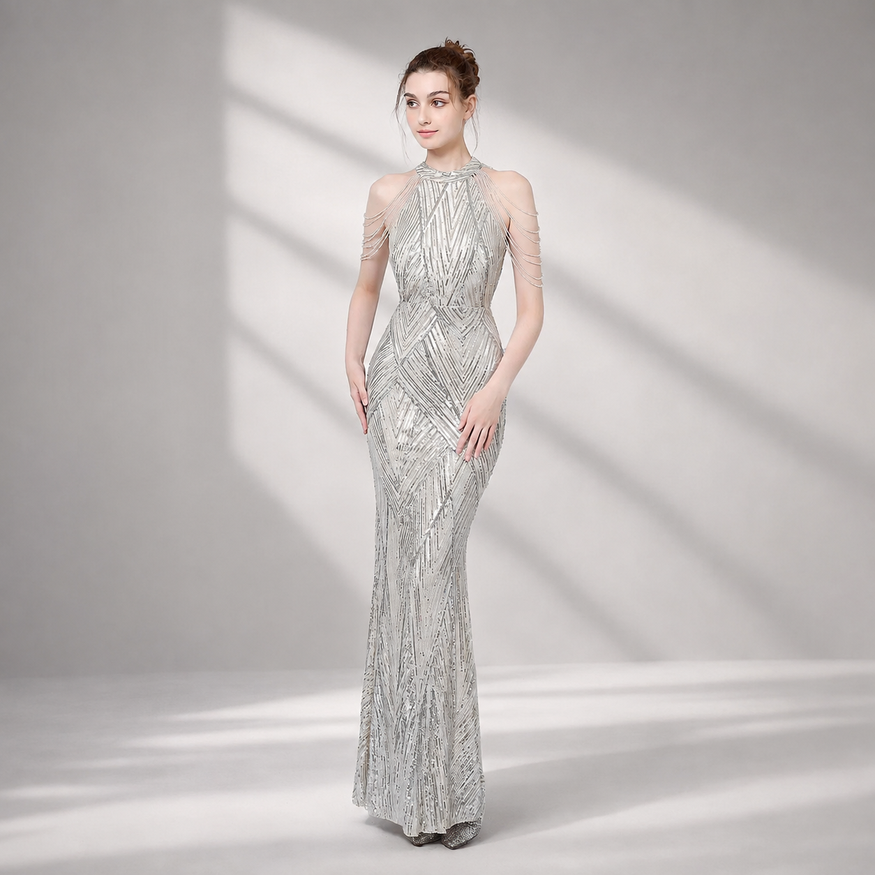 Cold Shoulder Beads Chain Cocktail Dress M01081