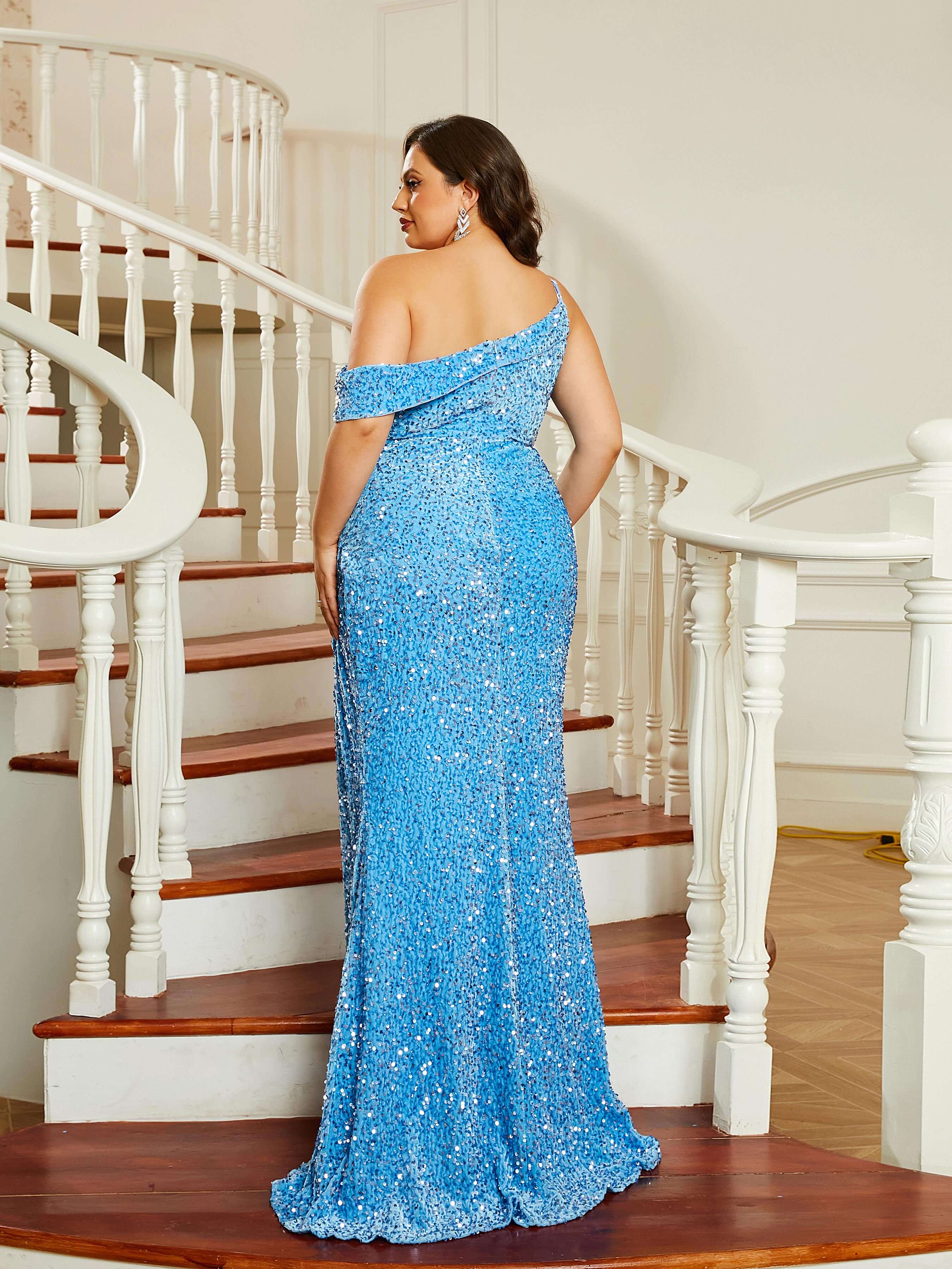 Missord Plus Size Spaghetti Strap Sequin Blue Evening Dress