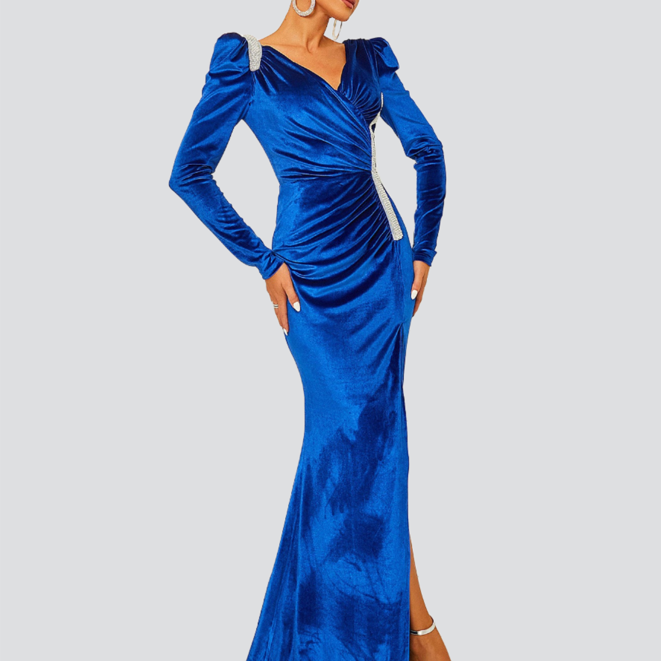Sexy V-Neck Ruched Velvet Blue Evening Dress RJ10444