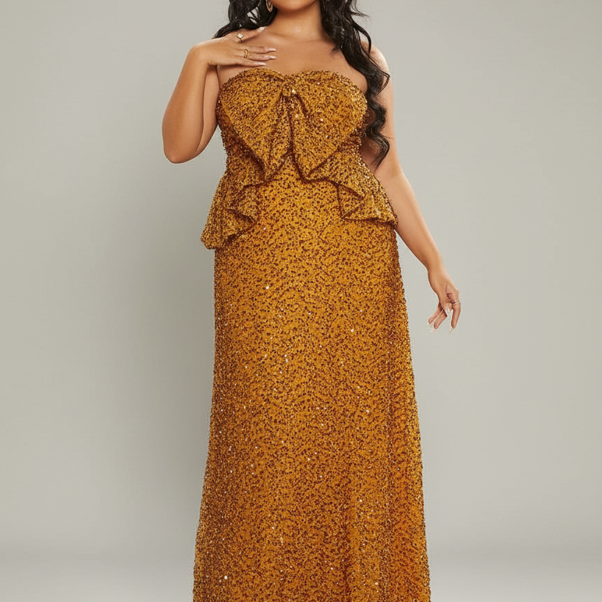 Plus Size Ruffle Bow Sequin Ginger Evening Dress PJM022L - Ginger / 2XL Plus Size Ruffle Bow Sequin Ginger Evening Dress PJM022L - Ginger / 2XL