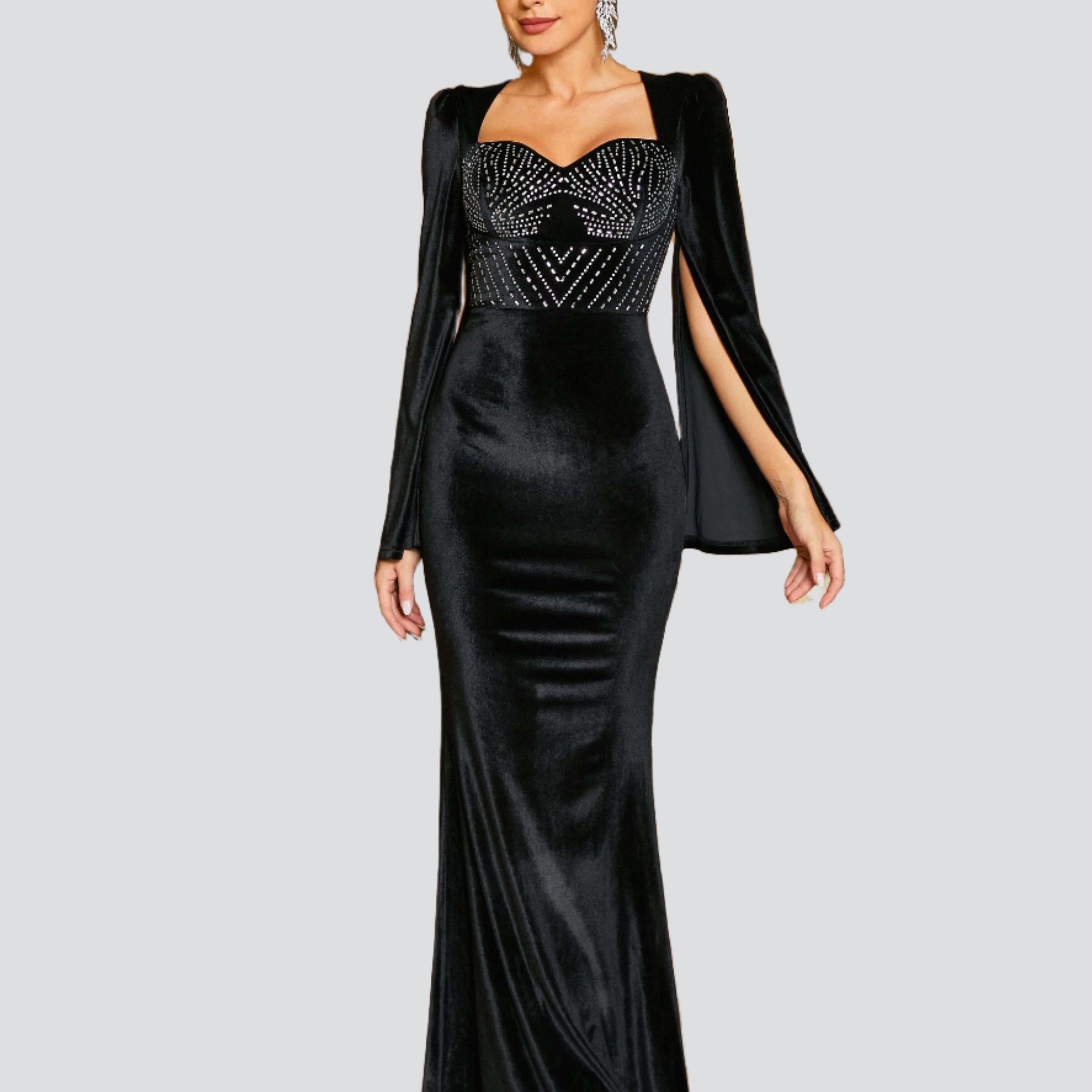 Sweetheart Neck Sequin Panel Velvet Black Dress