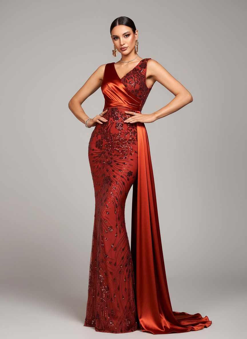 Elegant Drape Satin Embellished Evening Dress RJ12169 - Orange / M Elegant Drape Satin Embellished Evening Dress RJ12169 - Orange / M