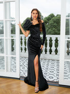 Appliqued High Split Velvet Black Prom Dress RM20844