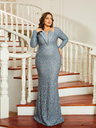 Plus Size Square Neck Mermaid Backless Long Sleeve Evening Dress