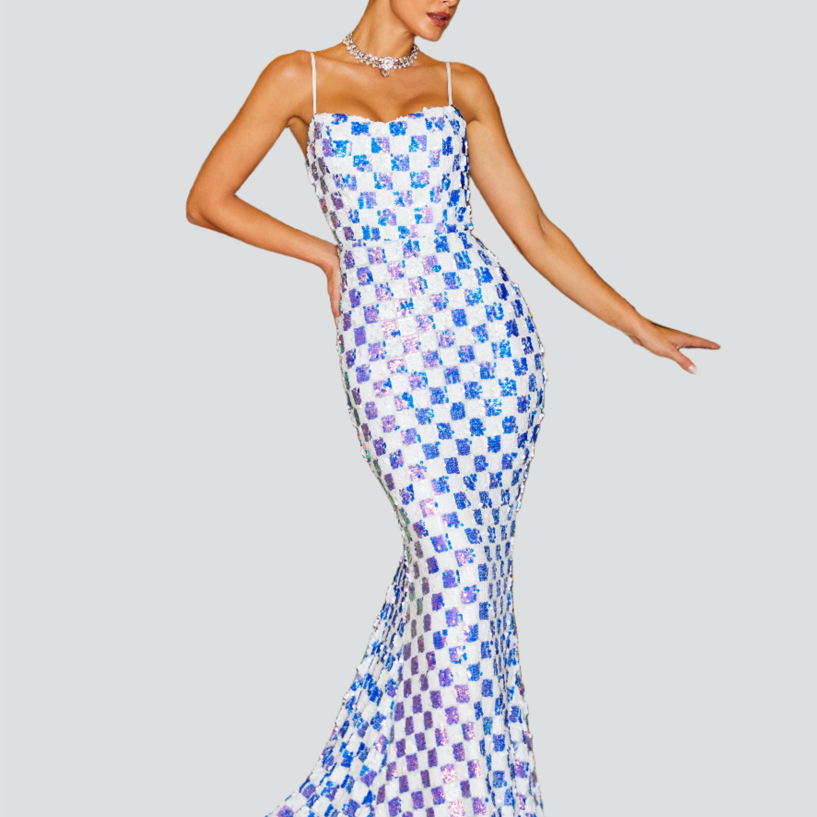 Formal Plaid Sequin Purple Mermaid Dress RJ11053