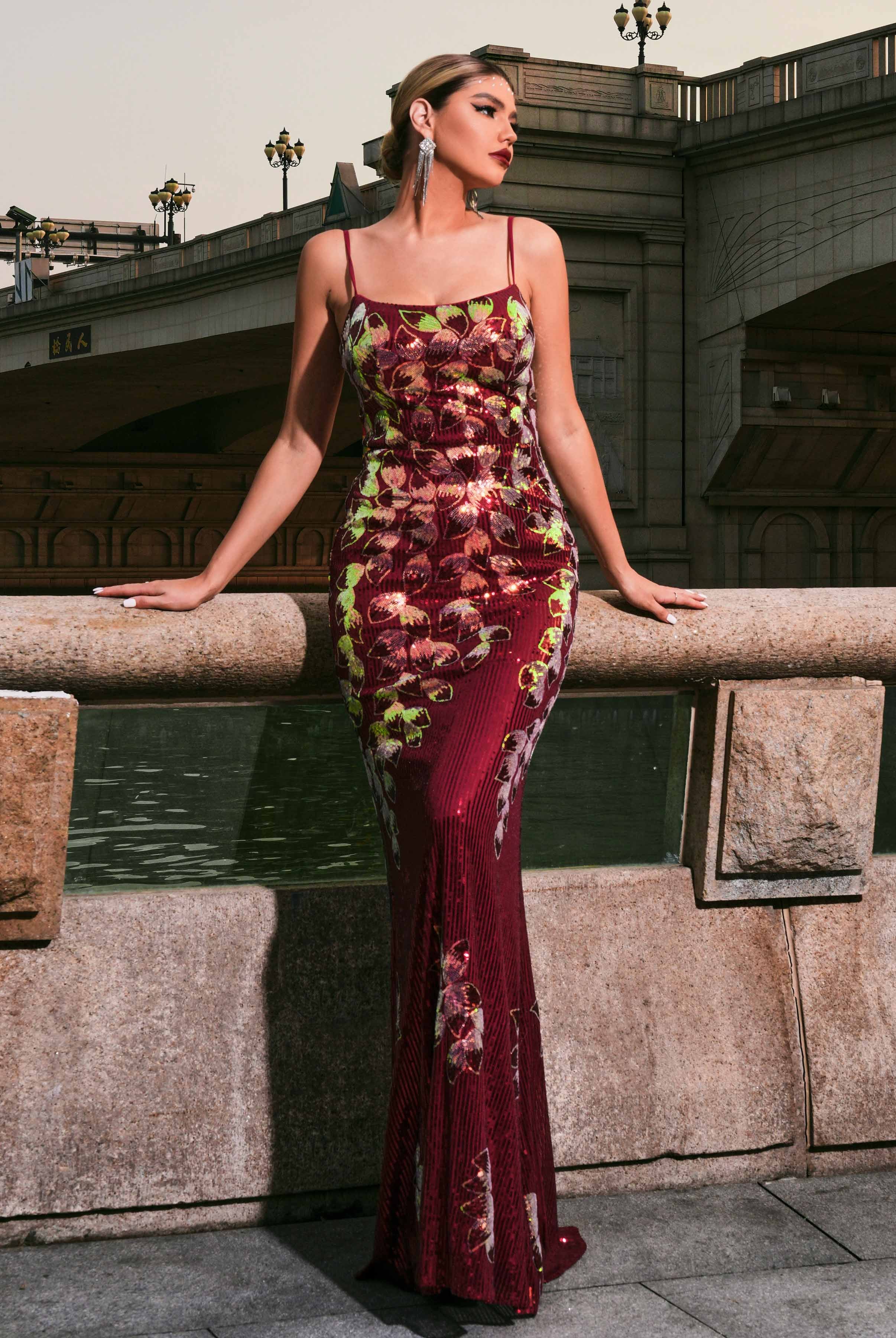 MISSORD Spaghetti Straps Print Mermaid Sequin Dress