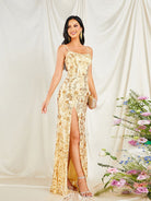 Spaghetti Strap Floral Sequin Gold Prom Dress RM20328