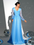 Tulle Bubble Sleeve Blue Beaded Bridesmaid Dress RH30882