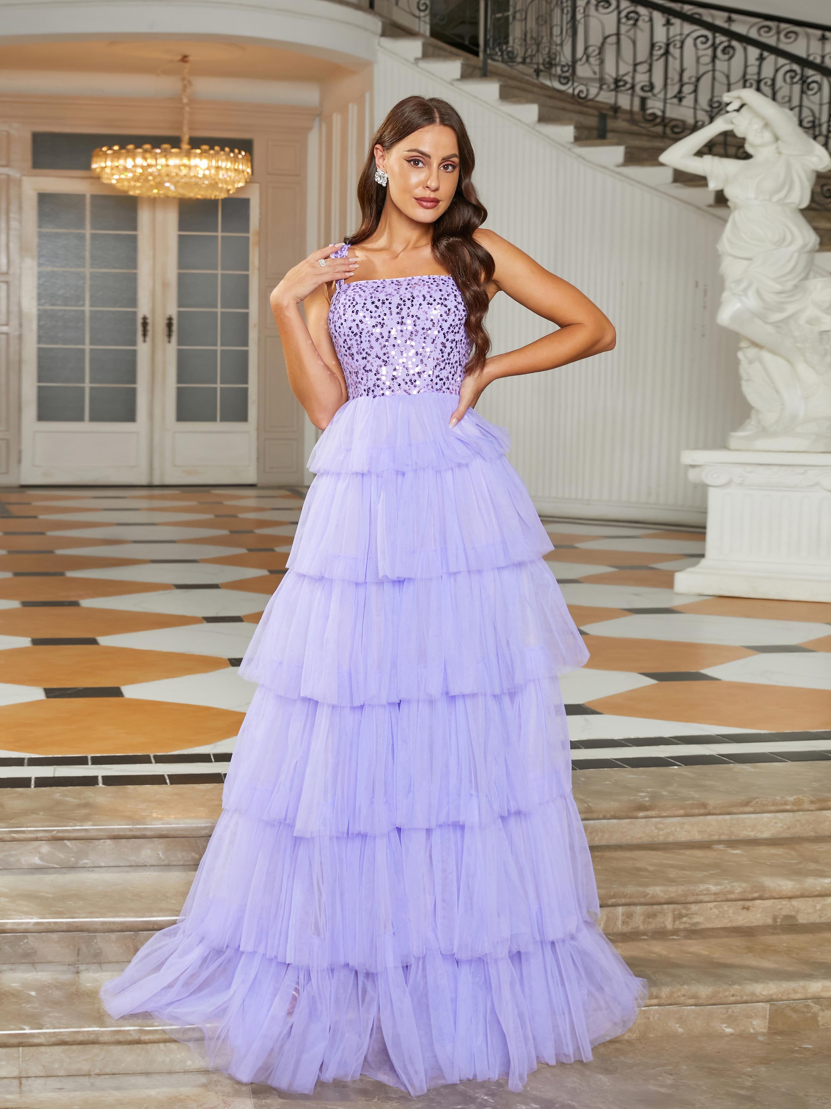 Formal Square Neck A-Line Mesh Purple Ball Gown RJ10686 - MISS ORD