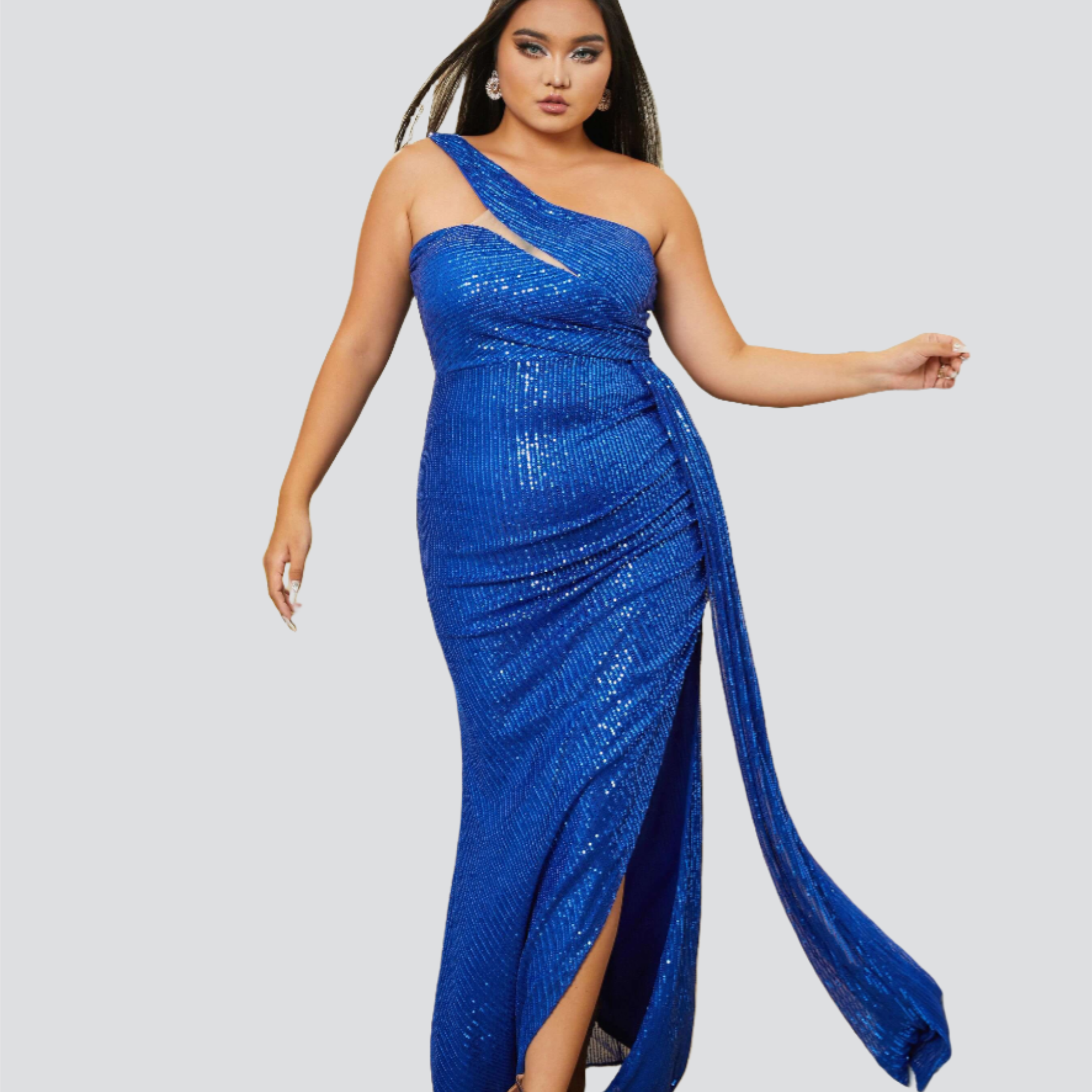 Plus Size Cutout One Shoulder Sequin Blue Prom Dress