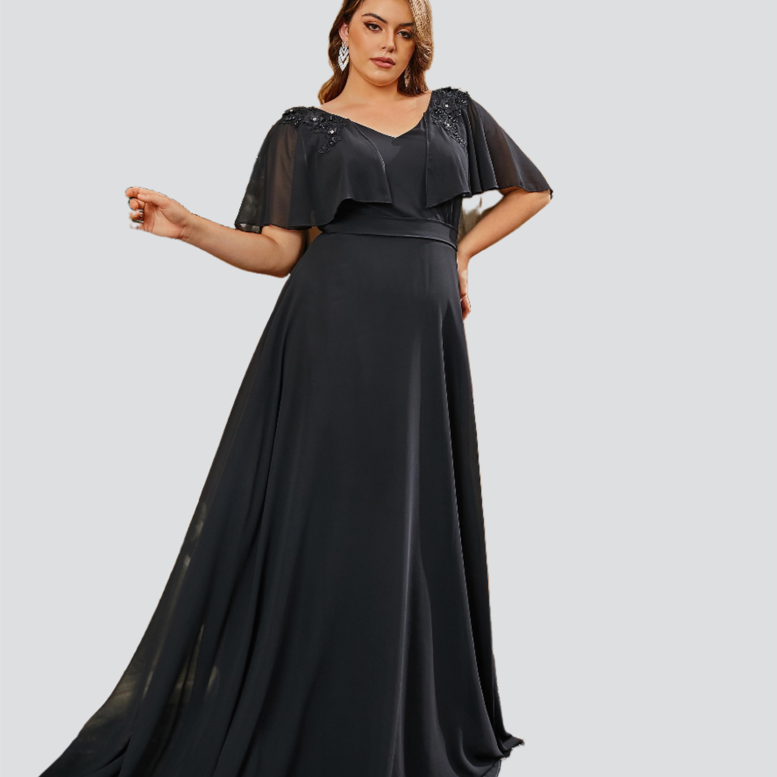 Plus Size V-Neck Chiffon Black Evening Dress