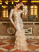 V-neck Long Sleeve Panel Tulle Sequin Prom Dress RJ11088