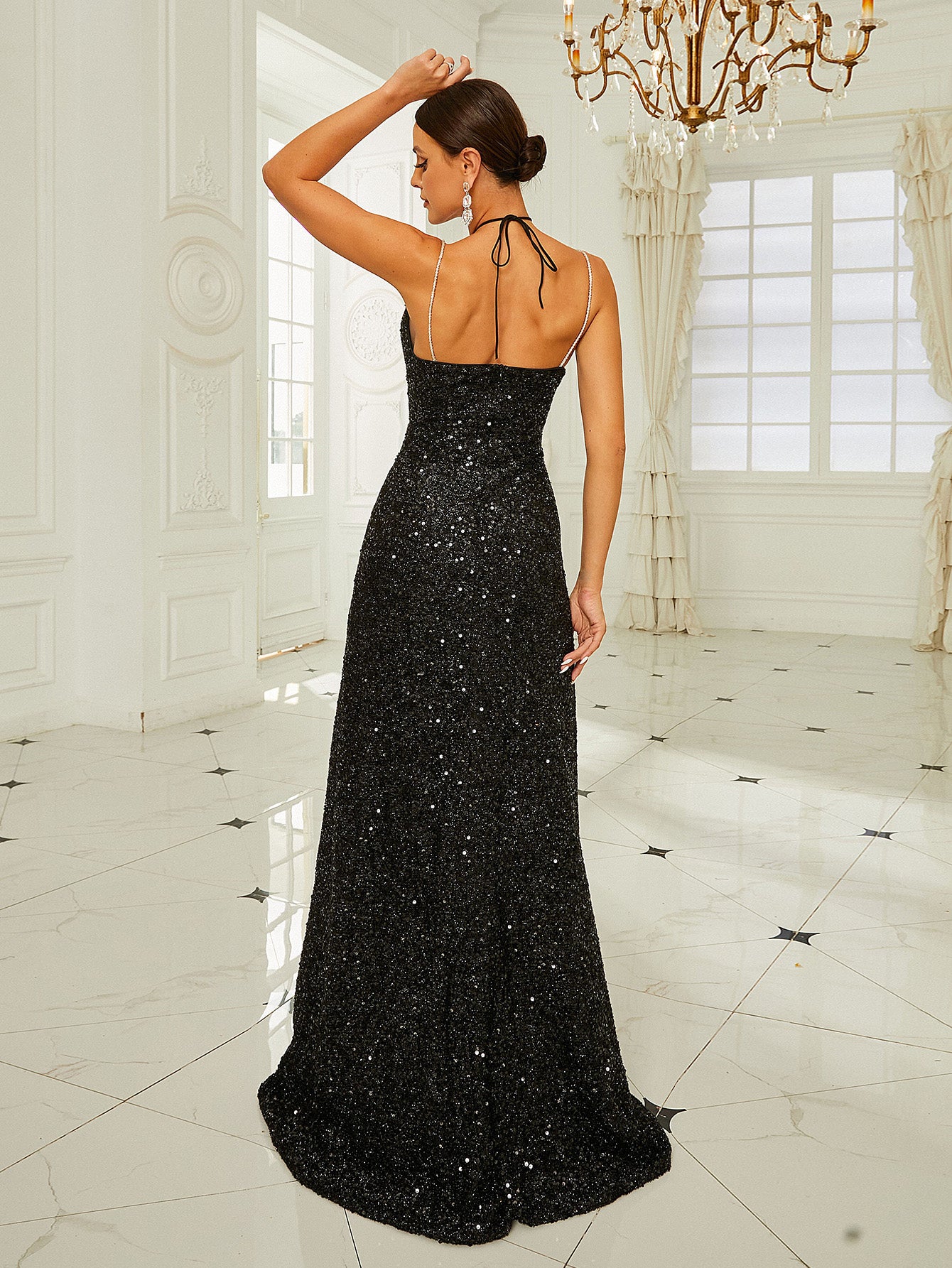 Sexy Halterneck Lace Up Sequin Black Prom Dress RJ10541