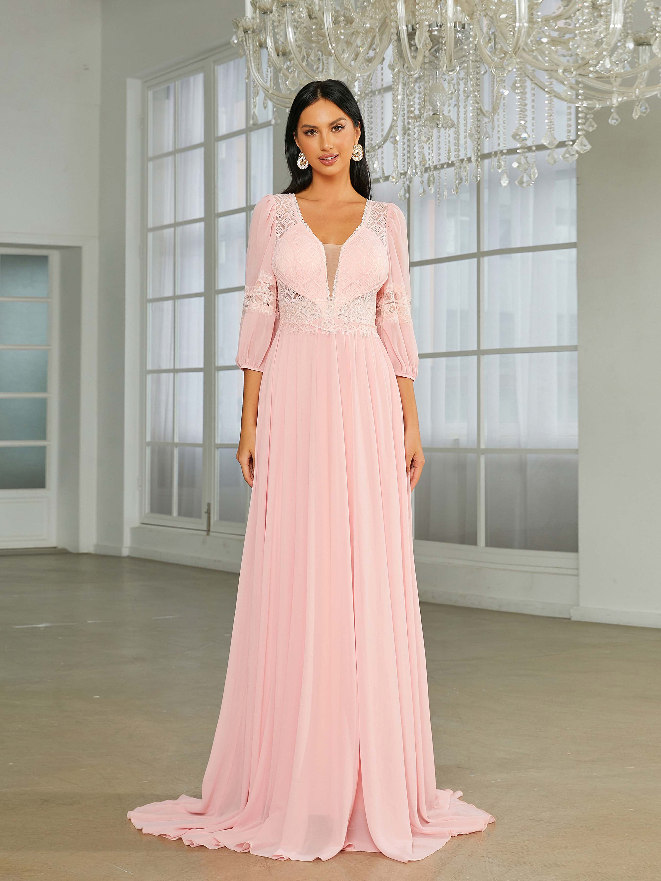 A-Line Deep V-Neck Panel Pink Prom Dress