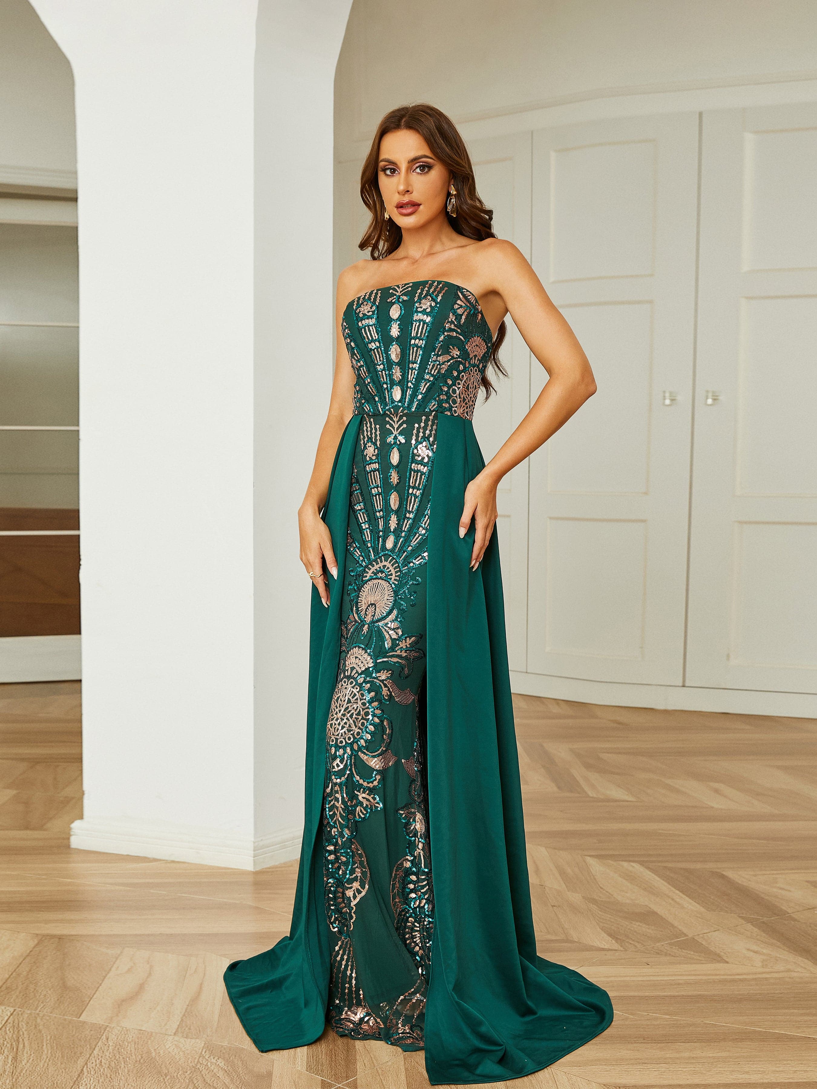 Strapless Vintage Emerald Green Sequin Evening Dress RM20444 MISS ORD