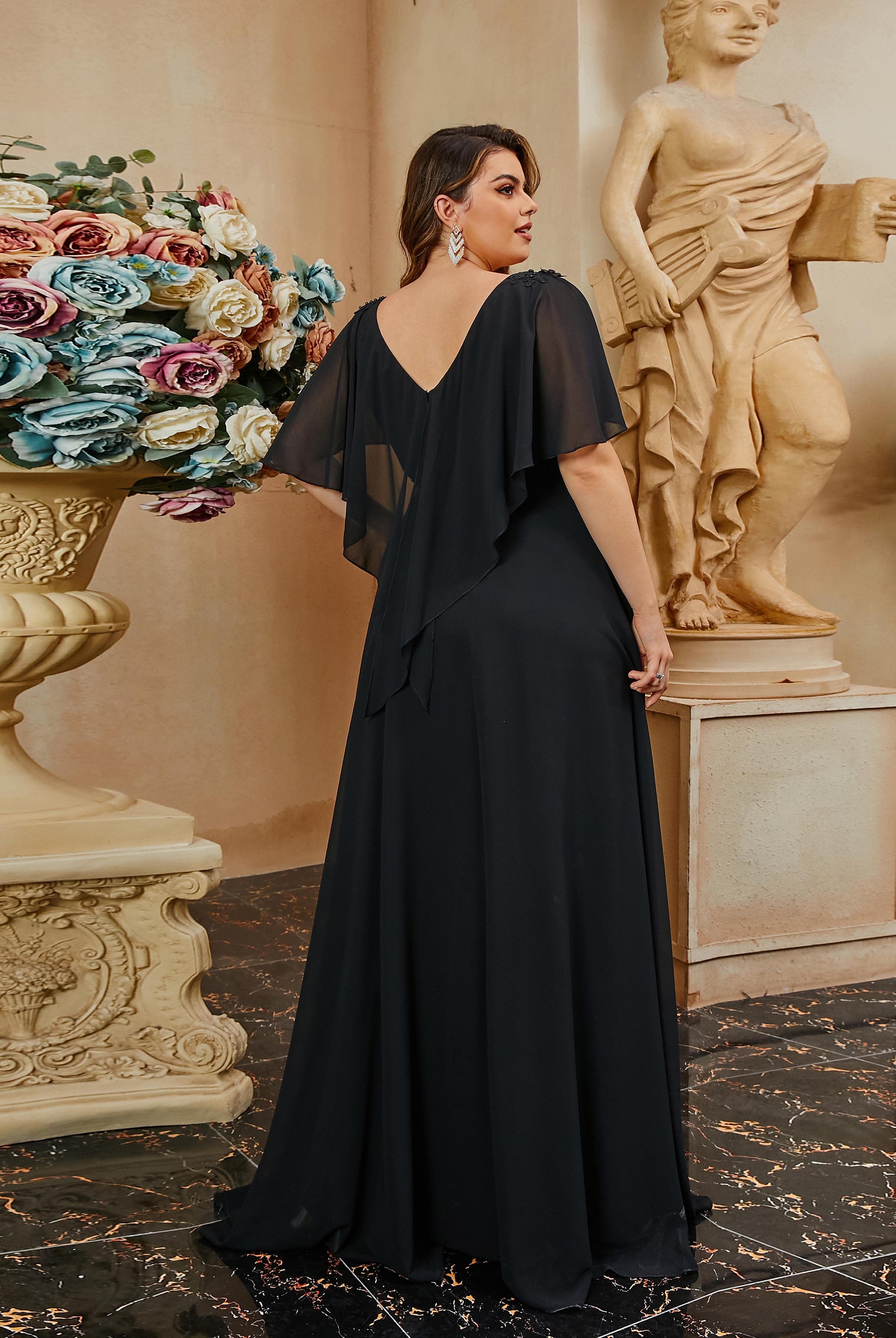 MISSORD Plus Size V-neck Sequin Mesh Black Evening Dress