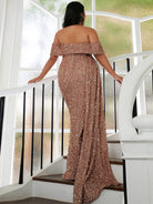 MISSORD Plus Size Off Shoulder Draped Sequin Prom Dress