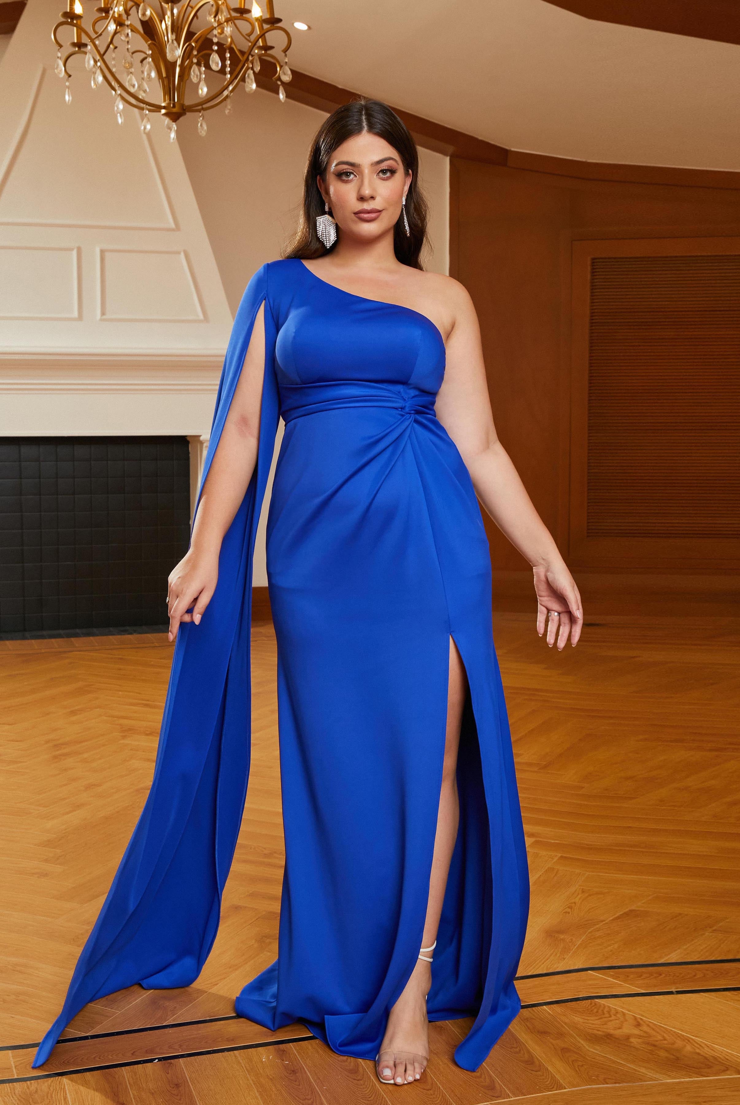 MISSORD Plus Size Knit One Shoulder High Split Blue Prom Dress
