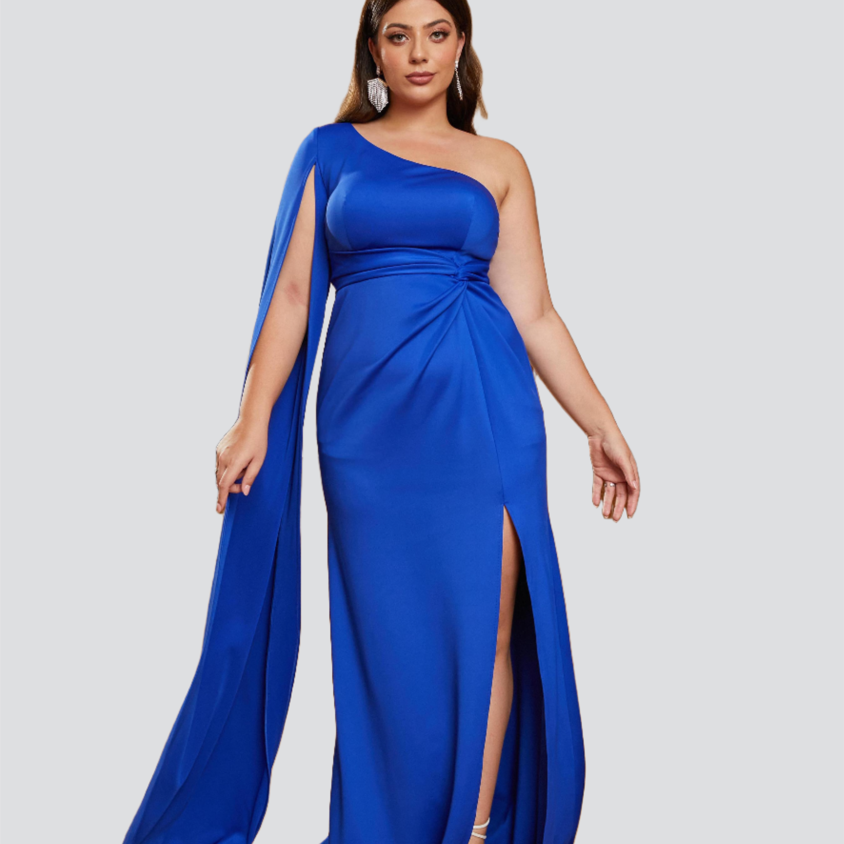 Plus Size Knit One Shoulder High Split Blue Prom Dress
