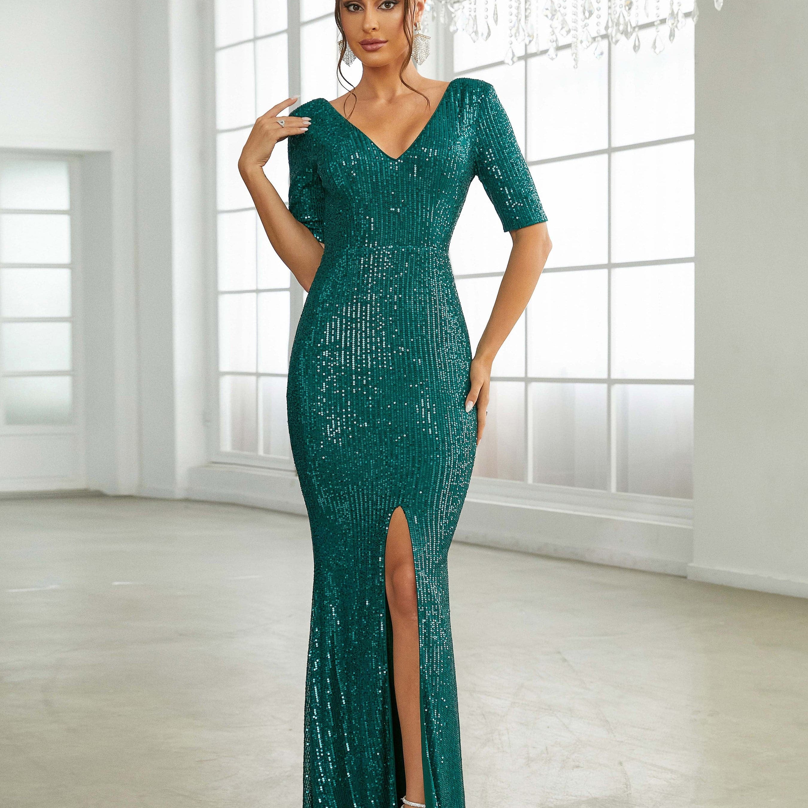 Double V Neck Half Sleeve Emerald Green Prom Dress RJP10