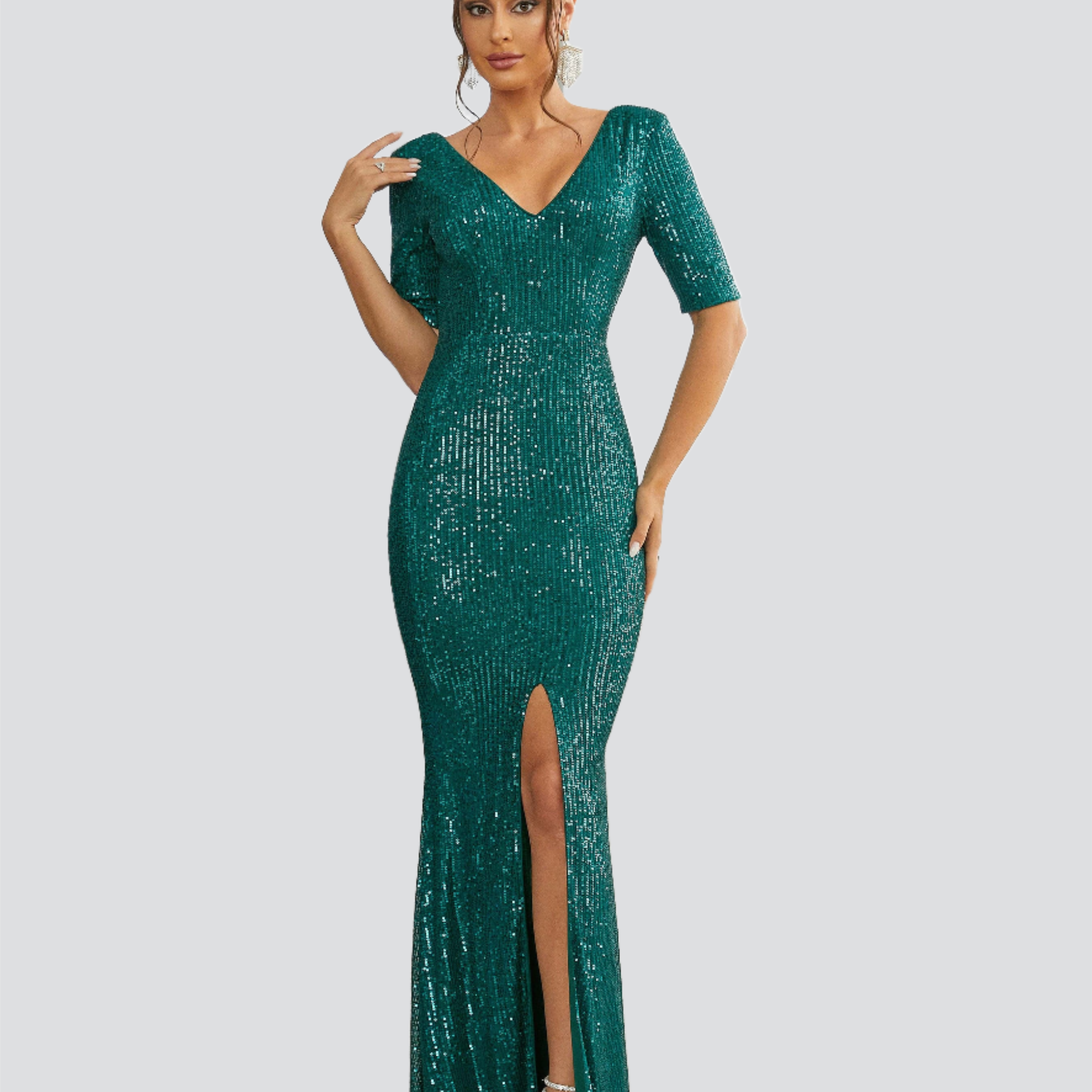 Double V Neck Half Sleeve Emerald Green Prom Dress
