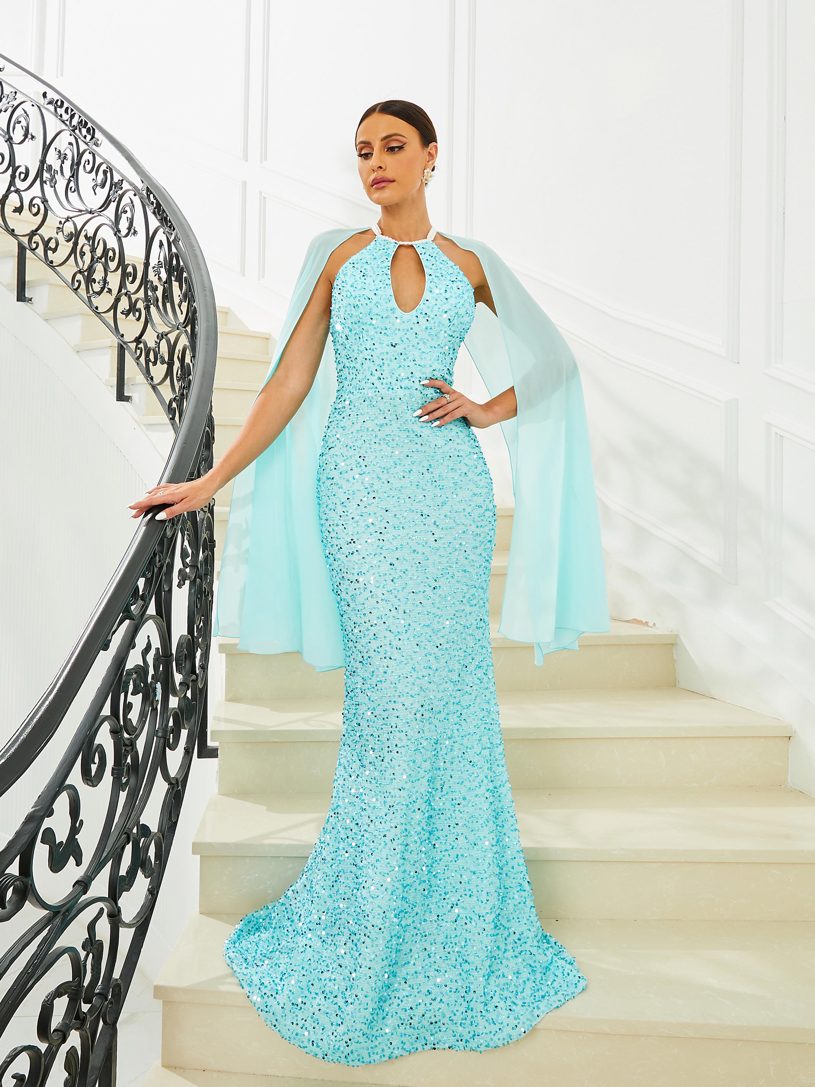 Sleeveless Cutout Blue Sequin Evening Dress