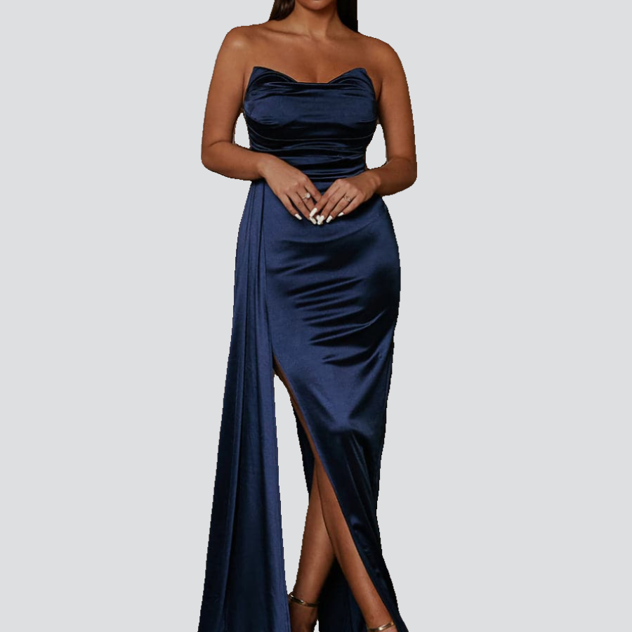 Formal Strapless Draped Dark Blue Satin Prom Dress M02179