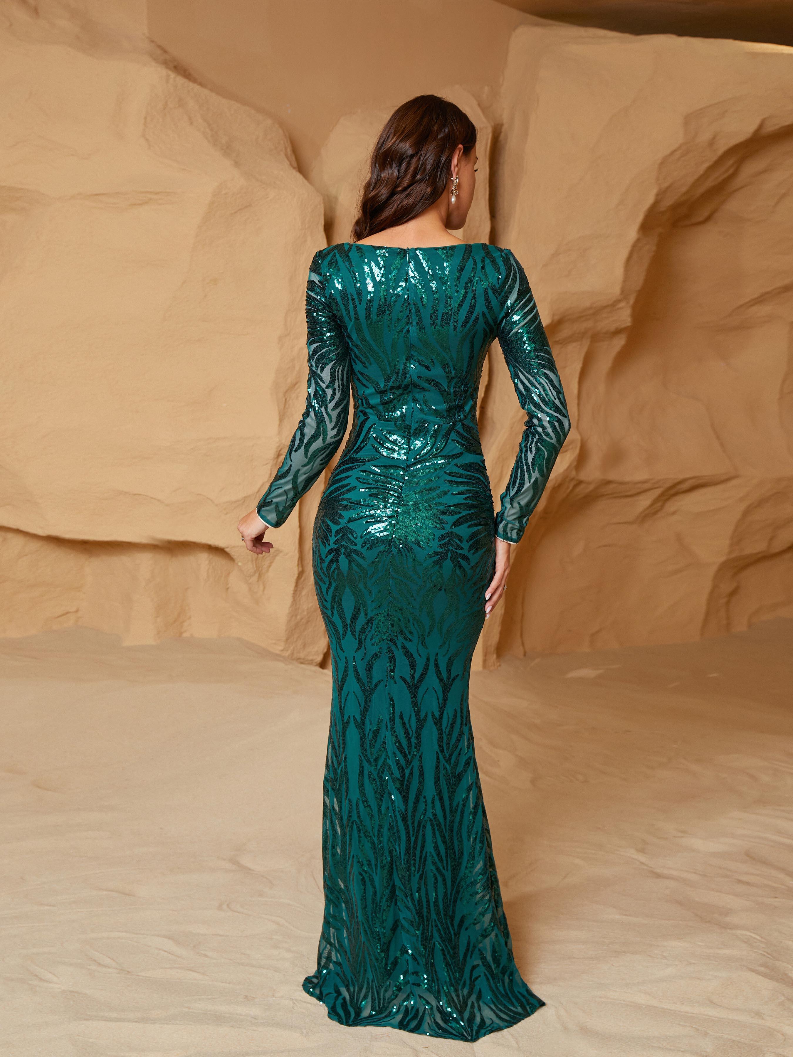 Long Sleeve Graphic Sequin Prom Dress XJ2109 - MISS ORD