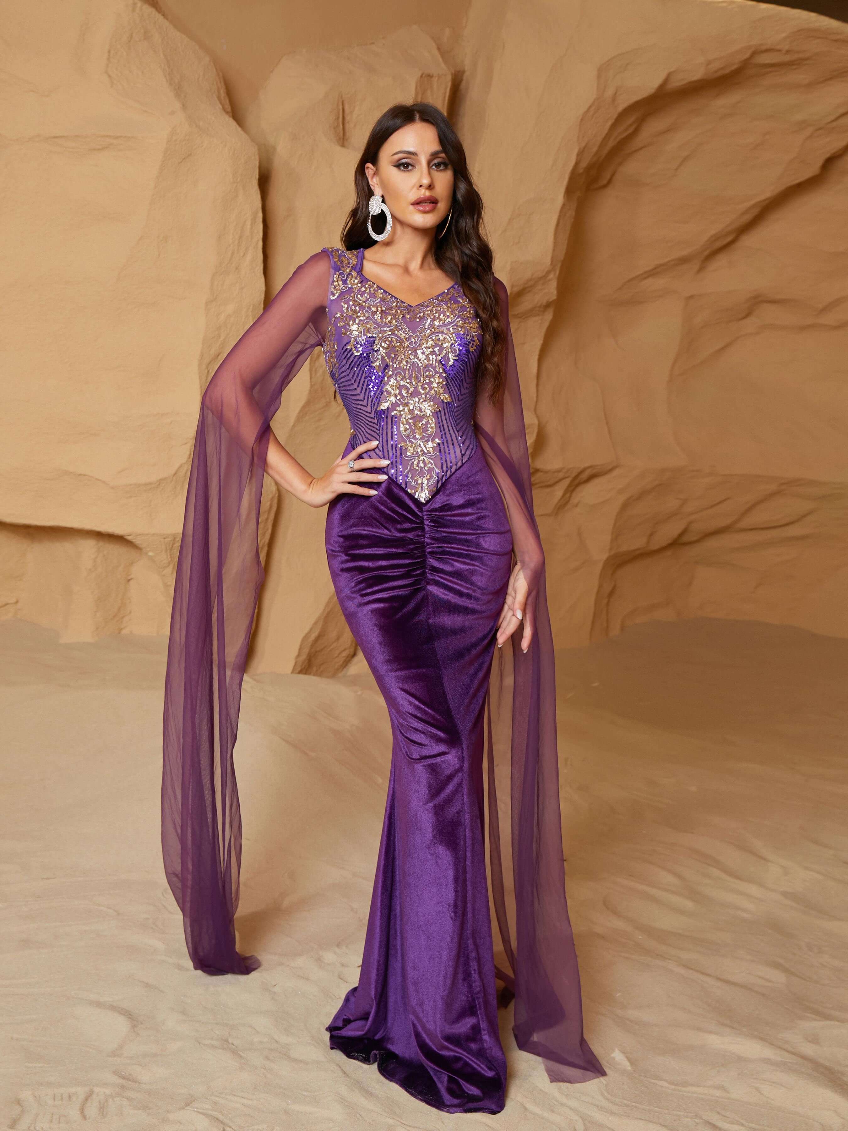 MISSORD V-neck Panel Sequin Velvet Purple Prom Dress