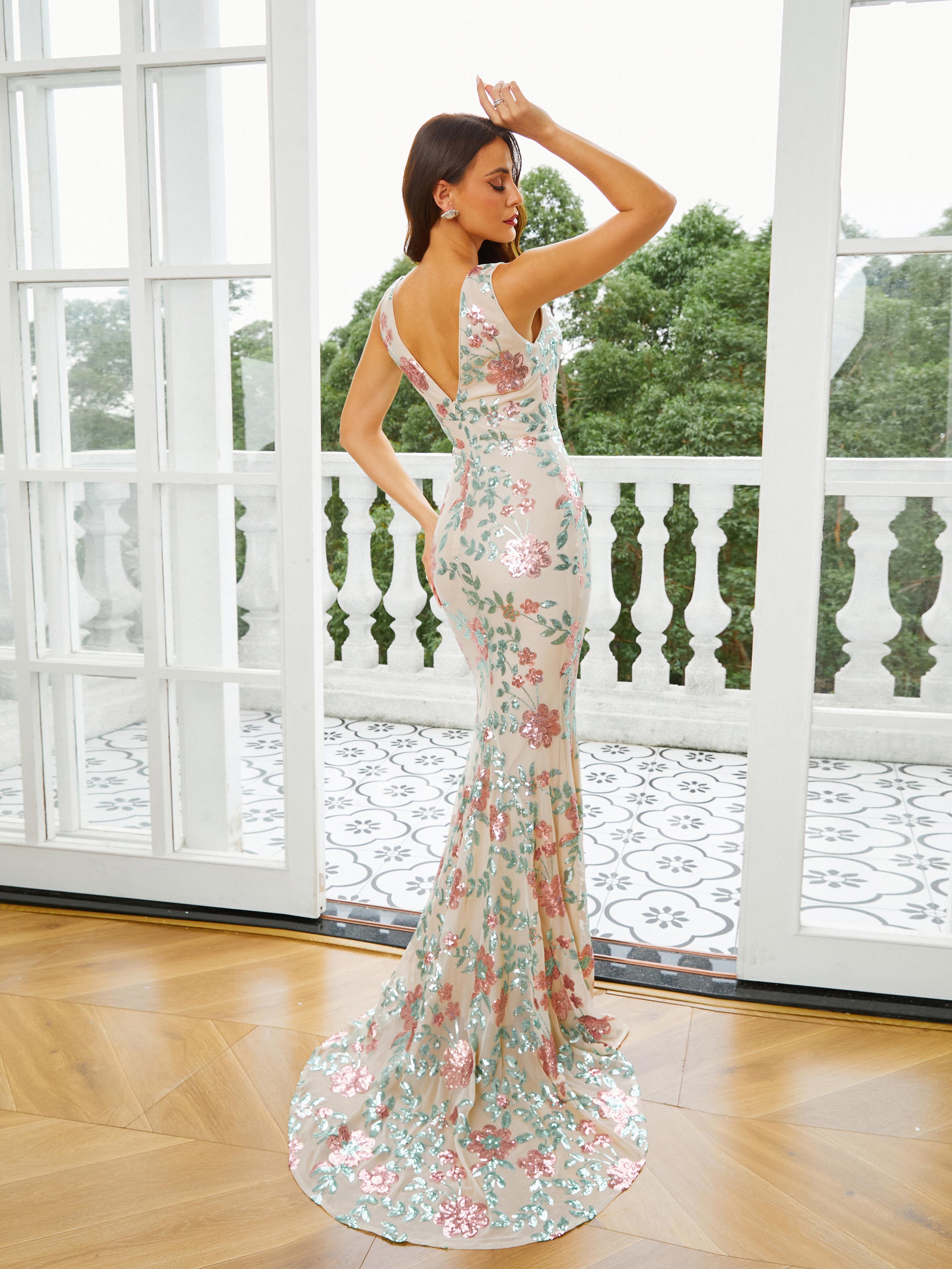 MISSORD Floral V-Neck Backless Sequin Apricot Prom Dress
